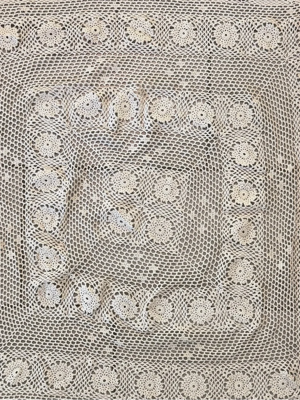 Vintage Hand Crocheted Floral Table Topper 38” Square Scalloped Edges